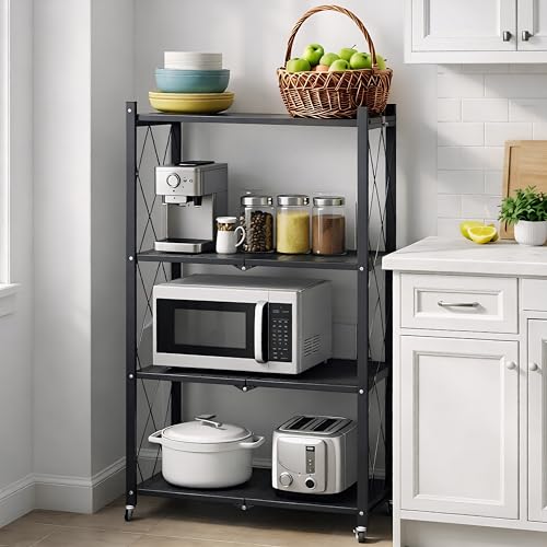4 Tier Foldable Storage Shelf with Wheels, Collapsible Metal Rack Shelving Unit, No Assembly Required, Rolling Cart Shelf Rack Organizer for Books, Garage, Kitchen, Closet, Pantry, Exhibition, Black - size: 4-Tier