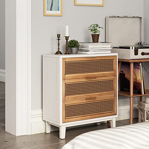 COZAYH Farmhouse 3-Drawer Nightstand, Set of 2 Rattan Cane Front Accent Dresser with Brass Pull, Distressed White - color: Distressed White, style: 3 Drawer/2 pack