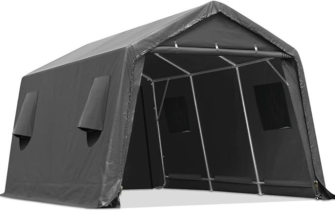 ADVANCE OUTDOOR 10X15 ft Garage Shelter Steel Metal Peak Roof Portable Storage Shed Carport for Motorcycle Boat, or Garden Tools with 2 Roll up Doors & Vents, Gray