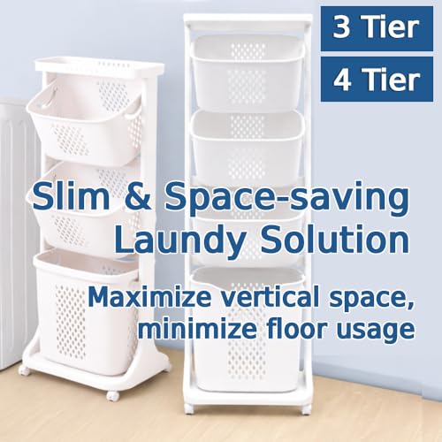 Japard 108 Liters Vertical Rolling Laundry Compact Hamper Ultra Slim, 4 Sorter Cart with Wheels and Breaks, 4-tier Baskets Detachable for Small Space, Dorm, Closet, Bathroom, Easy Assembly White Gray - size: 4 Tier