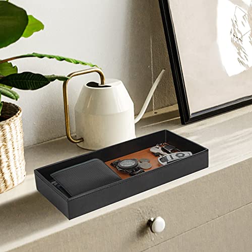 JACKCUBE Design Leather Bamboo Valet Tray for Men, Catch All Trays for Key, Phone, Wallet, Coin, Sunglasses, EDC Dump Storage (Black) - MK205A - color: Black