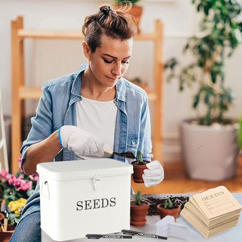 Seed Storage Organizer, T-Shape Compartment Seed Box with Safety Lock, Metal Seed Saving Box, Portable Seed Bin Container with Handle, Including 2 Pens 20 Plant Labels 50 Seed Envelopes-White - color: Tall-White