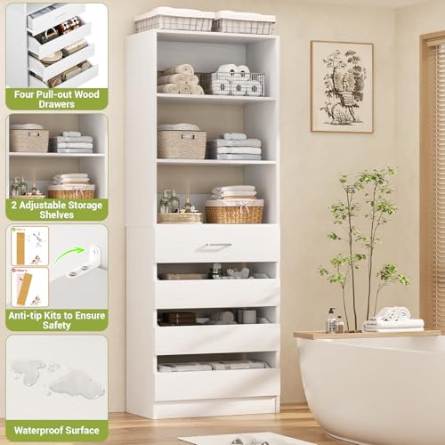 Aheaplus 21.3" Closet System with 4 Drawers, Wood Closet Organizer with Open Shelves, Modular Drawers System Tower, Walk-in Closets Small Wardrobe Rack, Tall Storage Cabinet Unit, White - color: White