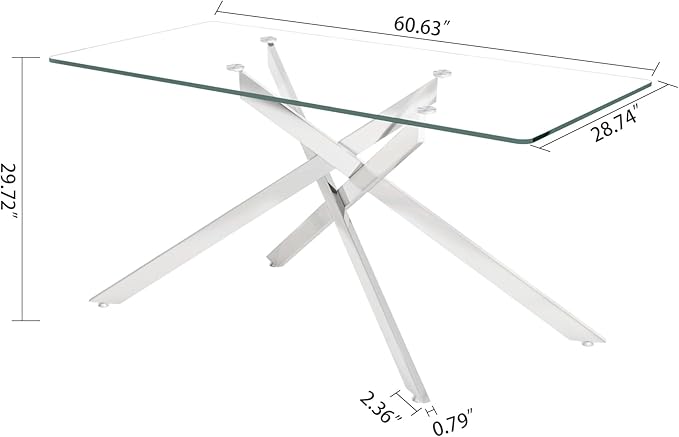 60" Rectangular Glass Dining Room Table for 6 with Tempered Glass Top and Silver Metal Legs, Modern Clear Kitchen and Dinner Table for Home Office Dining Room