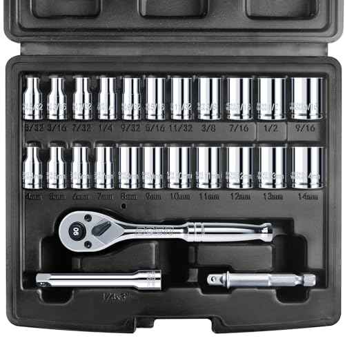 BOEN 25 Pieces 1/4" Drive Socket Set, SAE (5/32"-9/16") & Metric (4mm-14mm), 6-Point, Shallow Sockets with Ratchet, Extension Bars and Storage Case,Cr-V Steel