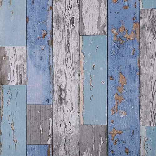 Art3d 17.7"x78.7" Peel and Stick Wallpaper - Decorative Self Adhesive Vinyl Film Wood Grain Wallpaper for Furniture Cabinet Countertop Shelf Paper, Blue Distressed Wood