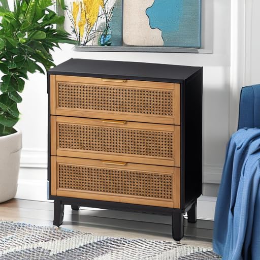 COZAYH Farmhouse 3-Drawer Nightstand, Set of 2 Woven Cane Front Accent Dresser with Brass Pull, Fully-Assembled, Black - color: Black, style: 3 Drawer/2 pack