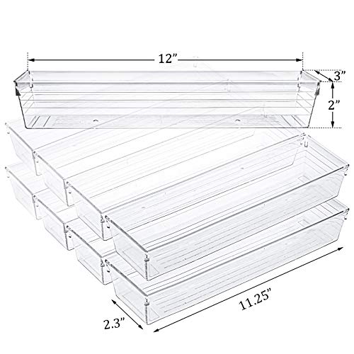 Kingrol 10 Pack 12 x 3 x 2 Inch Clear Drawer Organizer Trays, Desk Drawer Divider Storage Bins, Storage Box Set for Kitchen Bathroom Office Supplies