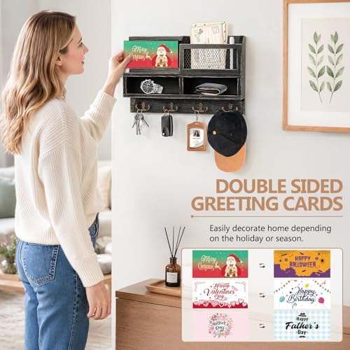Key Holder Wall Mount, Wooden Mail and Key Organizer with Chalkboard and Mirror, 3 Greeting Cards, 8 Hooks, Black - color: Black