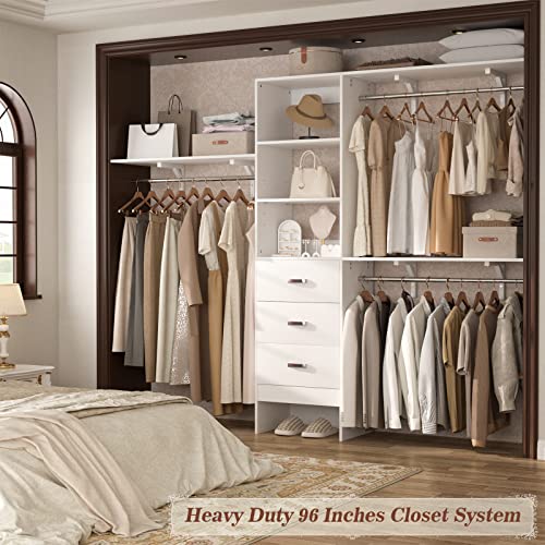 8FT Closet System, 96'' Closet Organizer System with 3 Hanging Rods, Wall Mount Bedroom Wardrobe with 3 Drawers Walk-in Closet, Adjustable Cloth Garment Rack from 5 to 8FT (Cut to Fit), White - color: White