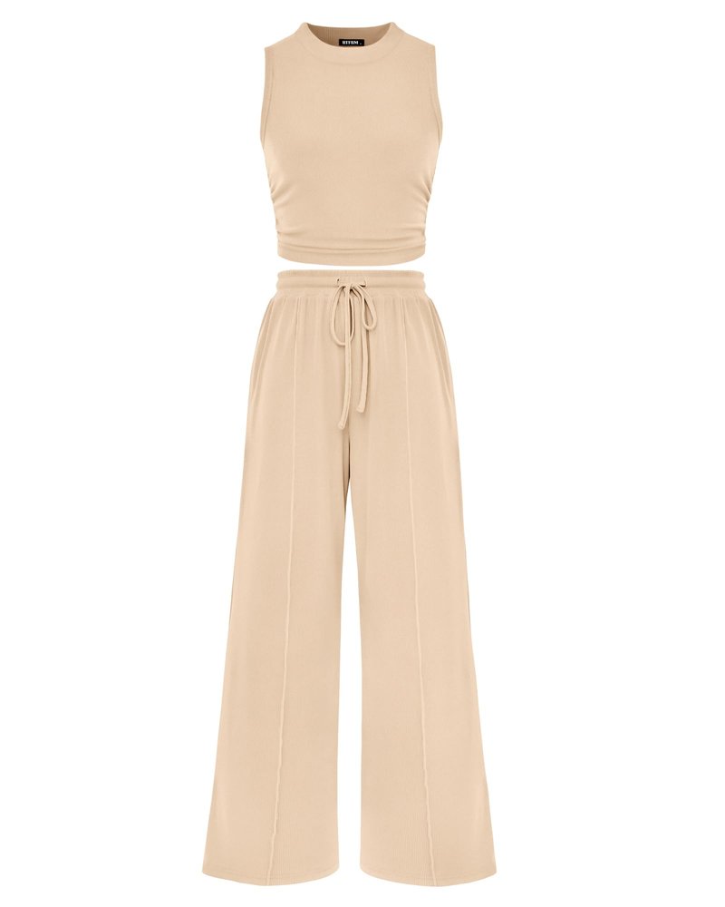 BTFBM Summer Outfits For Women 2026 Ribbed Sleeveless Tank Tops Wide Leg Pants 2 Piece Sets Lounge Set Clothing(Apricot, Medium)