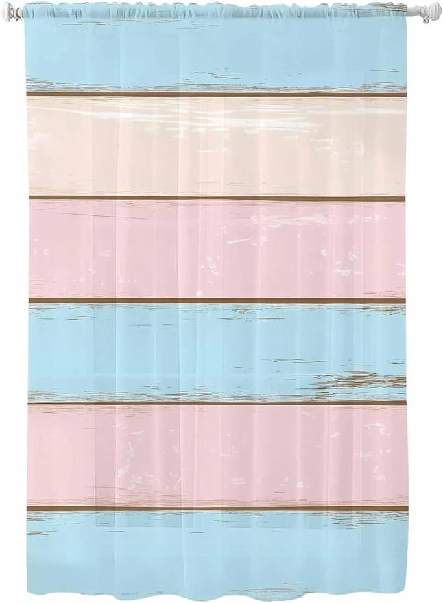 Sheer Curtains 63 Inch Length, Farmhouse Country Shabby Striped Privacy Voile