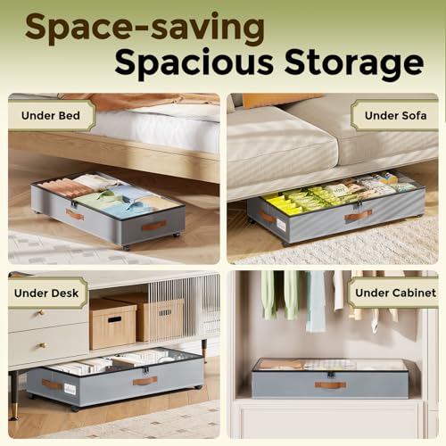 LAMU Under Bed Storage with Wheels, 2 Pack Under Bed Storage Containers with Clear Lids & Label, Rolling Under Bed Drawers for Clothes, Shoes, Blankets, Grey - color: Grey