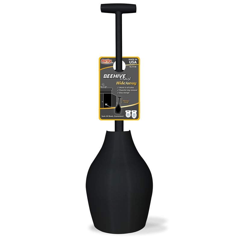 Korky BeehiveMAX Hideaway - Heavy Duty Toilet Plunger with Holder in Black - Drip Free Carry-Seals All Bowl Shapes – Powerful Clog Removal, 97-5B