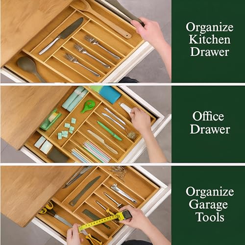 Bamboo Drawer Organizer – Expandable 9 Slot Silverware & Utensil Tray for Kitchen, Office & Kitchen –Fits 13”–19.6” Drawers, Natural Bamboo Wood, Deep Compartments - Durable & Eco-Friendly - size: 9 Slot