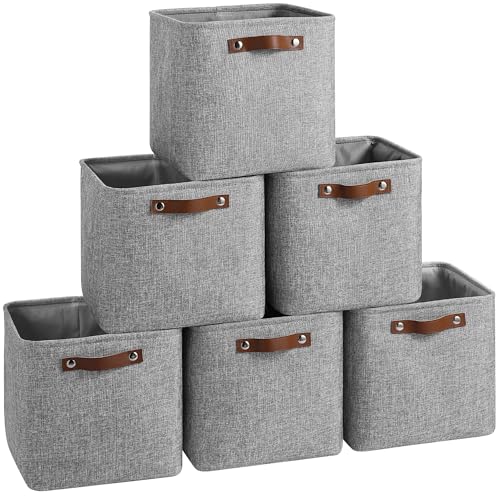 FinishingBo Cube Storage Baskets 6 Pack, 11x11 inch Cube Storage Bins with Leather Handles for Shelf Closet (Gray) - color: Gray