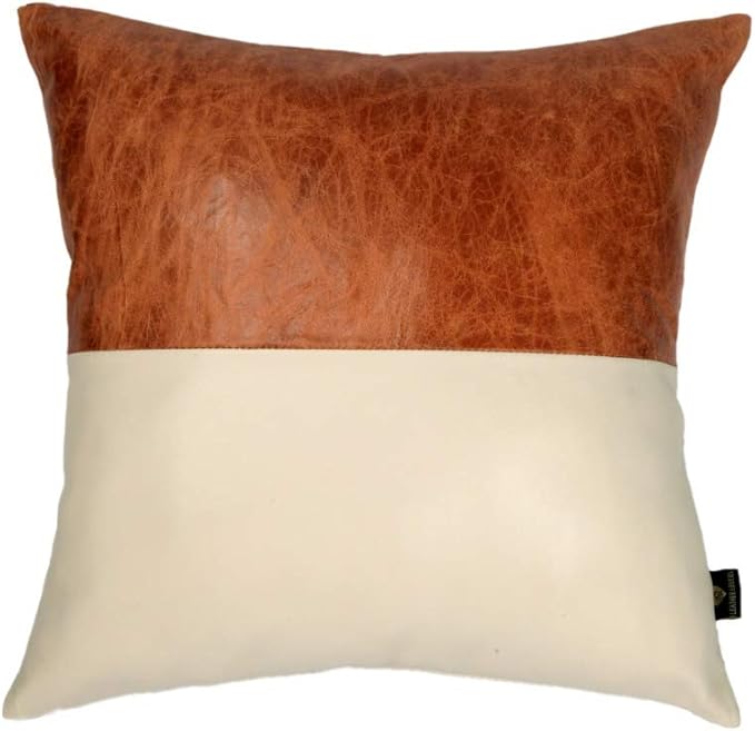 D DOLLY LAMB Lambskin Leather Pillow Cover - Sofa Cushion Case - Decorative Throw Covers for Living Room & Bedroom, 18x18 Inches - Tan & Beige Pack of 2