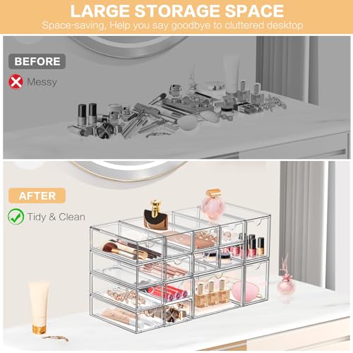 Desk Organizer with 14 Drawers, FODIENS 14 Packs Acrylic Stackable Desktop Storage Drawer Makeup Organizer, Clear Craft Storage Box Cabinets for Office Vanity Countertop Bathroom Bedroom - size: 14 Drawers