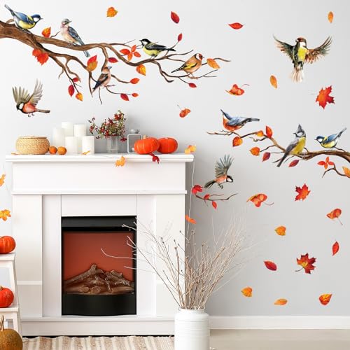 Fall Wall Stickers Tree Bird Branch Leaves Wall Decals Autumn Room Mural Stickers for Thanksgiving Home School Office Party Decor, 11.8 x 35.4 Inch, 2 Rolls