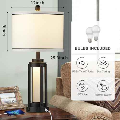 26" Modern Table Lamp with USB A+C Charging Ports & AC Outlet, Industrial Beside Contemporary Lamp Glass LED Night Light for Living Room Bedroom Nightstand End Table Single Black(2 Bulbs Included)