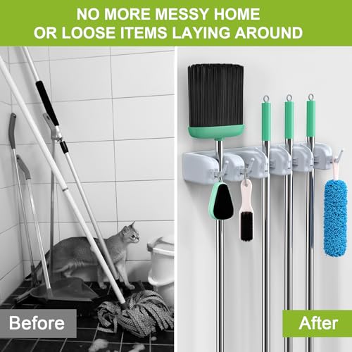 LETMY Broom Holder Wall Mounted - Mop and Broom Hanger Holder - Garage Storage Rack & Garden Tool Organizer - 5 Position 6 Hooks for Home, kitchen, Garden, Tools, Garage - color: Gray