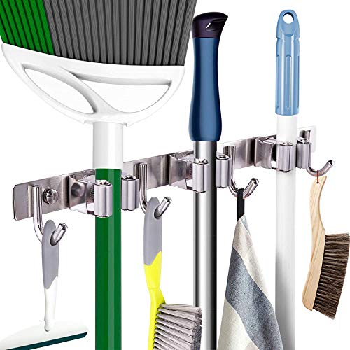 Broom Mop Holder Wall Mount Broom Hanger Wall Mounted Metal Organization Garage Storage Garden Kitchen Tool Organizer With 4 Racks and 5 Hooks (Silver, 1 Pack 3R4H)… - size: 1 Pack 3R4H