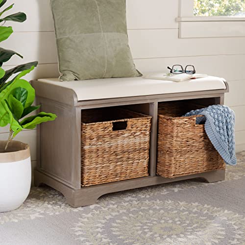 SAFAVIEH Home Collection – Freddy White Wash Storage Bench with Wicker Baskets & Cushion, Entryway Seating Bench, Fully Assembled (AMH5736G) - color: White Washed