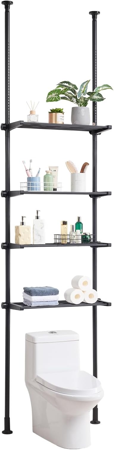 VEVOR Over Toilet Shelf, 4-Tier Adjustable AboveToilet Bathroom Storage, Low-Carbon Steel 53"-132" Tall Storage Shelf Rack, Easy Assembly Laundry Space Saver, for Small Rooms, Fit Most Toilets