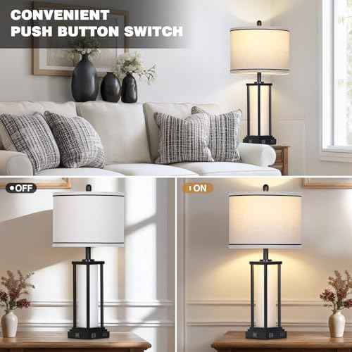 27in Tall Farmhouse Table Lamp with USB C+A & Outlet,Black Industrial End Table Lamp for Living Room,Vintage Rustic Bedside Lamp with Night Light for Bedroom Nightstand,Single Black