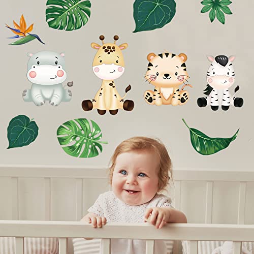 9 Sheets Baby Safari Animals Wall Stickers Jungle Animals Wall Decals Elephant Zebra Giraffe Hippo Lion Leaf Baby Nursery Decor Peel and Stick Decals Kids Bedroom Living Room Art