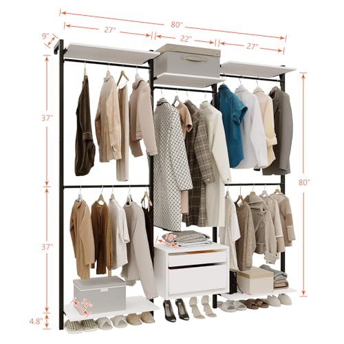 Wall-Mounted Steel & Wood Closet Organizer System with 4 Adjustable Shelves, 5 Hanging Rods, and 2 Drawers – Modern Open Wardrobe, White - color: BC03-white