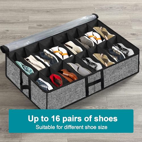 Under Bed Shoe Storage Organizer for Closet 2 Pack Fits 32 Pairs Underbed Shoes Container Boxes with Sturdy H-Handles, Foldable Shoe Rack Holder,Black - color: Black-32pairs, style: H-Handle