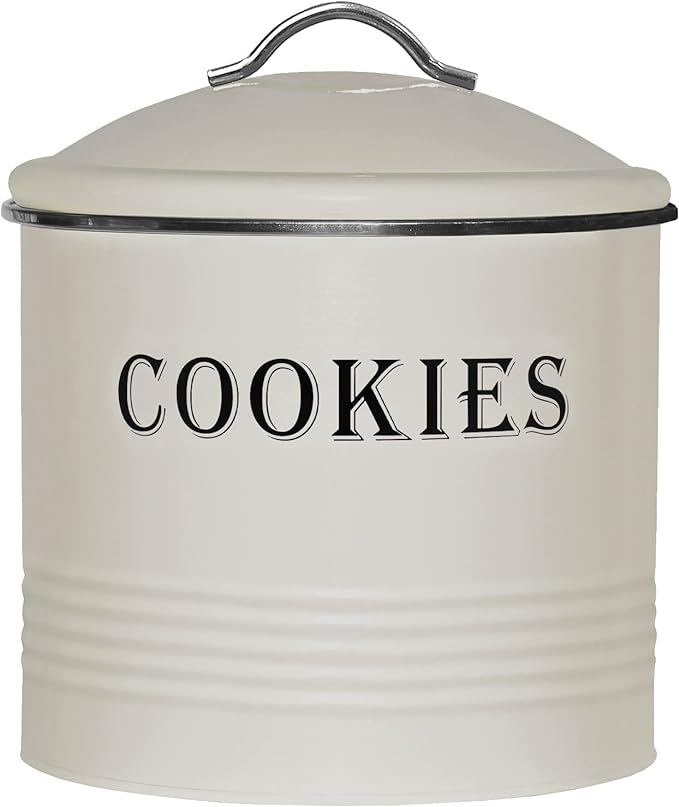 Blue Donuts Vintage Cookie Jar - Airtight Counter Cookie Container, Ivory Tin with Lid for Gift Giving, Large Capacity