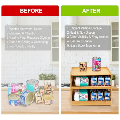 Bamboo Can Organizer for Pantry, 2 Tier Canned Cat Food Organizer for Kitchen Counter, Cat Food Storage Holds up to 36 Cans, Can Rack Organizer for Human and Pet Food Cans, FIFO Design