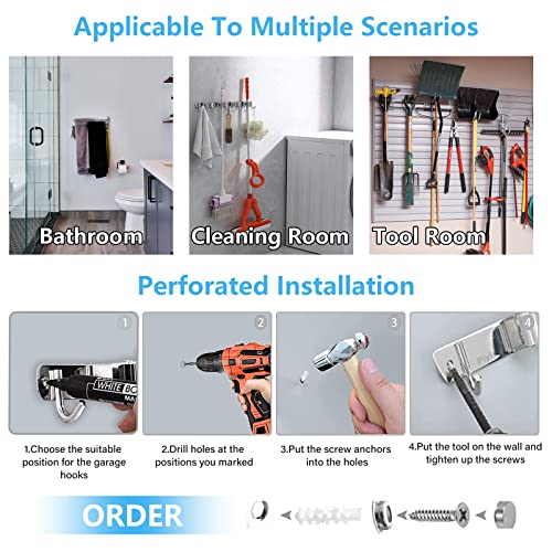 Broom Mop Holder Wall Mount Broom Hanger Wall Mounted Metal Organization Garage Storage Garden Kitchen Tool Organizer With 4 Racks and 5 Hooks (Silver, 1 Pack 4R5H) - size: 1 Pack 4R5H