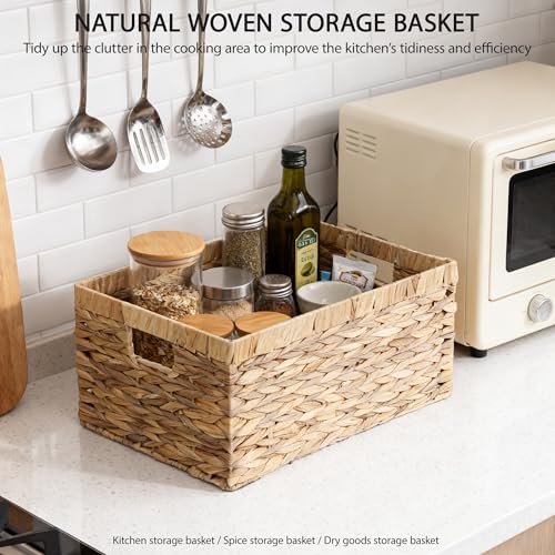 Woven Natural Water hyacinth Rectangular Storage Baskets with inside Handle,Kingwillow(Large) - size: Large