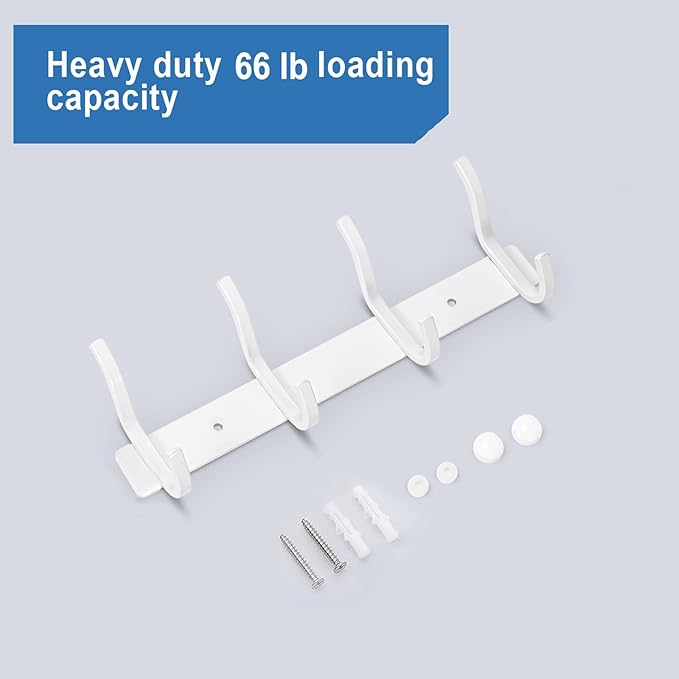 HAMUTH White Wall Hooks Heavy Duty, 12 Inch Coat Hooks Wall Mount with 4 Hooks, Wall Hooks Hangers for Entryway, Bathroom - for Hanging Backpack, Bag, Coat, Purse, Hat, Towel, Clothes