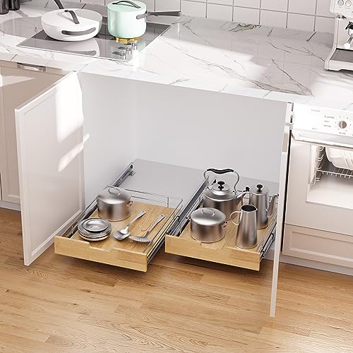 Sikarou Pull Out Cabinet Organizer,Heavy-Duty Slide Out Shelf, Wood And Wire Basket, Pull Out Drawer for for Kitchen Under Sink Space, Pantry, Bathroom (14 * 21 WM) - size: 1-TIE 14*21 WM