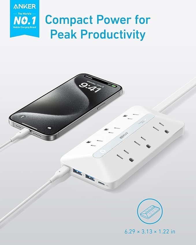 Anker Flat Plug Power Strip(300J), 20W USB-C, 10-in-1 Ultra Thin Power Strip with 6 AC, 2 USB-A/2 USB-C,10feet Extension Cord, Desk Charging Station,Home Office College Dorm Essentials (Pack of 2)