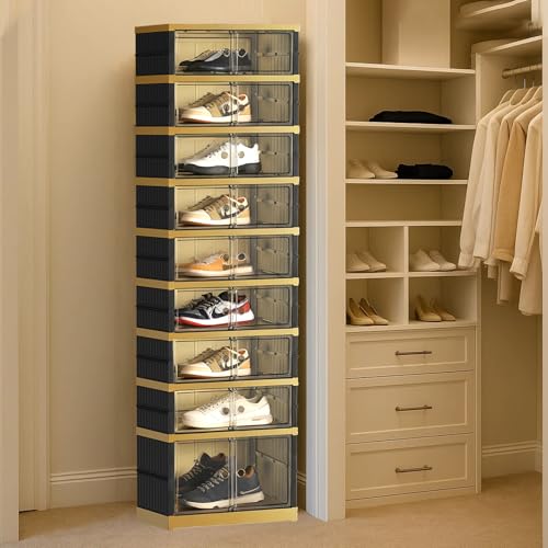 SYNCVIBE Shoe Rack Organizer for Closet Entryway Foldable Sneaker Storage Shoe, Collapsible Shoe Cabinet, Stackable Shoe Storage Cabinet with Lids for Living Room (9 Tiers -18 Pairs Black Gold) - size: 9 Tiers -18 Pairs Black Gold