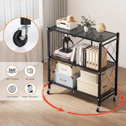 Simple Deluxe 3-Tier Folding Storage Shelves, 27.95" W x 14.96" D x 34.25" H Foldable Shelving Unit, 750 Lbs Loading Capacity, Black - color: Black, size: 3-Tier, 28"W x 15"D x 34"H