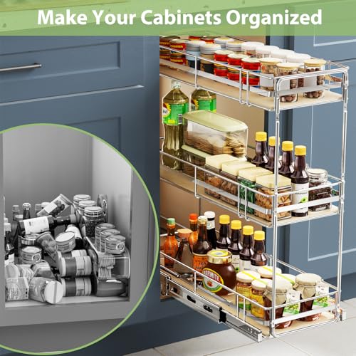 ROOMTEC 3-Tier Pull Out Cabinet Organizer Spice Rack for Narrow Cabinet 5" W x 20½" D, Slide Out Wood Shelves Storage for Kitchen - size: 5" W x 20½" D, 3 Tier, Wood Shelves