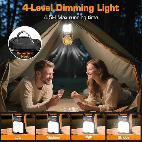 EVERBRITE Rechargeable Camping Lantern with Fan- 4400mAh Power Bank, Camping Fan with 3 Fan Speeds, Portable 1000LM Handheld Light with Hanging Hook for Summer Camping, Hiking, USB Cable Included