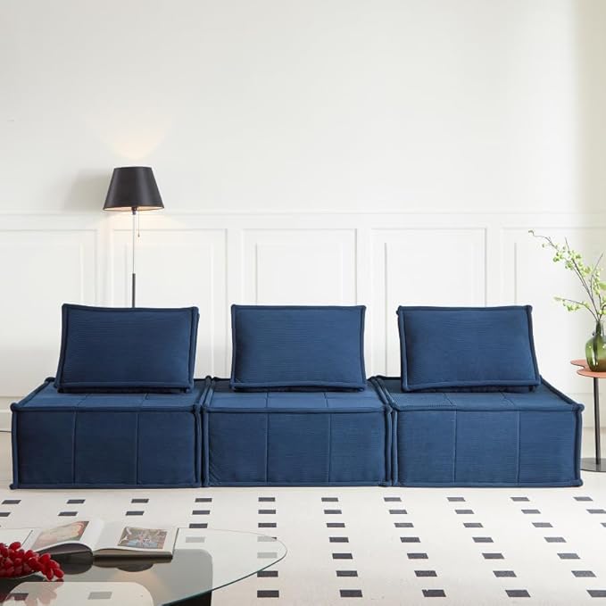 PurrJoys Modular Sectional Sofa, 35" Corduroy Sofa Sleeper Deep Seat Sofa with Adjustable Backrest, Small Couch for Small Spaces, Living Room, Bedroom, Apartment,Blue Office Couch