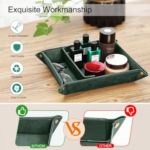 SITHON Valet Tray Desktop Storage Organizer, Removable 2 Compartments Catchall Tray Bedside Vanity Nightstand Caddy Holder Desk Storage Plate, Dark Green - color: Dark Green