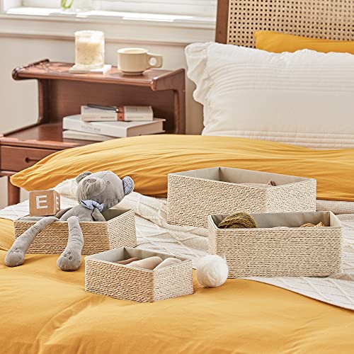 Storage Baskets Set 4 - Stackable Woven Basket Paper Rope Bin, Storage Boxes for Makeup Closet Bathroom Bedroom (Beige) - color: Beige