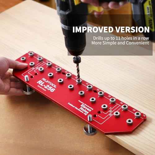 RUITOOL Shelf Pin Jig 11 Holes, Self-contained Clamping Function All Metal Shelf Pin Drilling Jig with 1/4" and 5mm Drill Bit, Shelf Hole Jig and Cabinet Hardware Jig Tool Drill Guide with Storage Bag
