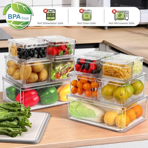 14 Pack Fridge Organizer, Stackable Refrigerator Organizer Bins with Lids PBA-Free, Clear Fridge Organizers and Storage for Kitchen, Countertops, Cabinets, Fridge, Drinks, Fruits, Vegetable, Cereals - size: 14-PACK