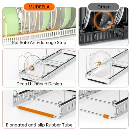 MUDEELA Pots and Pans Organizer Rack for under Cabinet, Expandable Pot Lid Kitchen Cabinet Organizer Holder with 10 Adjustable Compartment Cutting Board Organizer for Pan Lid Cookie Sheet Rack, Silver - style: 10 Dividers-Silver