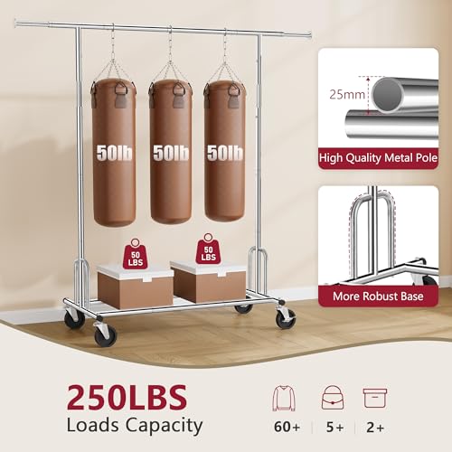 Tajsoon Heavy Duty Clothes Rack Foldable Garment Rack with Wheels and Extendable Rod, Freestanding Clothing Rack for Hanging Clothes, Adjustable ＆ Collapsible Rolling Racks with Bottom Shelf, Chrome - style: Single Rod Heavy Duty